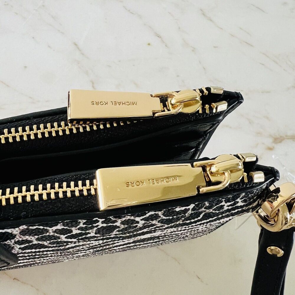 MICHAEL KORS Jet Set Black Multi Leather Logo Print Double Zip Wallet Wristlet - Picture 5 of 9